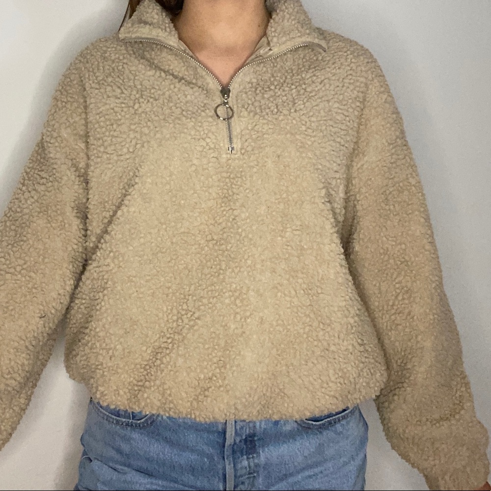 Tan Brown Teddy Half Zip Sweatshirt